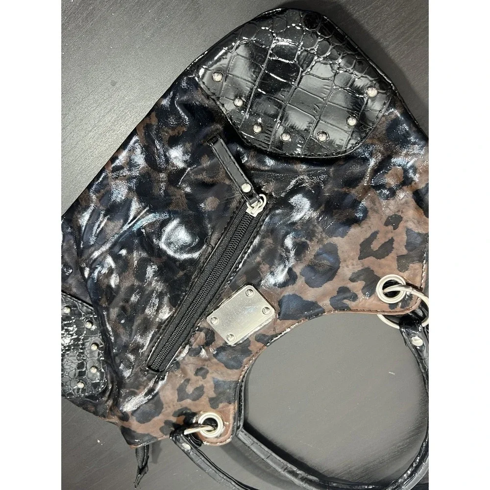 Leopard Print Croc Embossed Patent Faux Leather Shoulder Handbag Studded Women's
